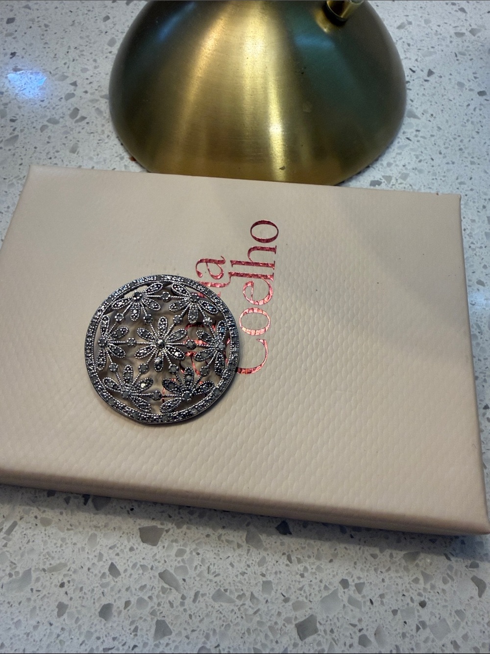 Round Filigree Floral Brooch in Silver Tone